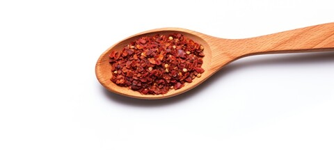 Chili Pepper Flakes In Wooden Spoon On White Background. Heap Of Crushed Spice Paprika. Pile Of Spice Red Pepper Flakes. Top View Of Spicy Seasoning