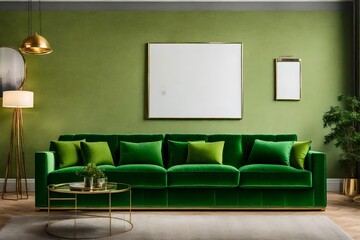  Green sofa and decor in living room on transparent background
