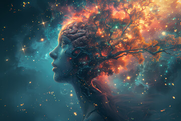 A woman's mind blossoms like a nebula, branching out into the universe of possibilities, guided by the rooted wisdom of her tree - obrazy, fototapety, plakaty