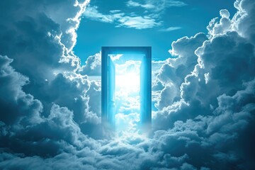 Gate to heaven, heavenly gate, entrance path, light at the end of the tunnel after death, religion Christianity, in the sky in the clouds