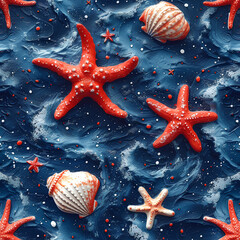 Oceanic Summer Pattern with Starfish, Shells, and Marine Elements on a Beach Background