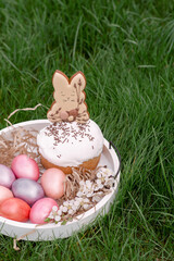 Colorful Easter eggs on the table in green grass	