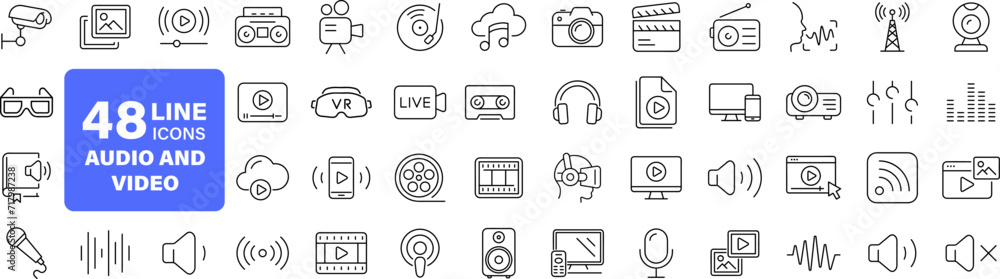 Leinwandbilder audio video set of web icons in line style. music and video icons for web and mobile app. podcast, v