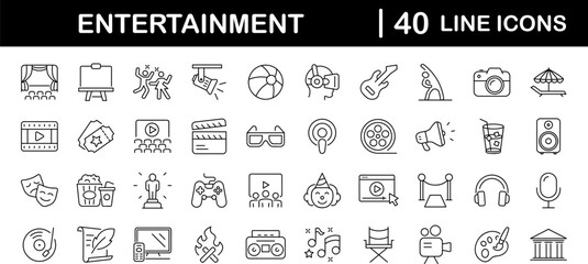 Entertainment set of web icons in line style. Lifestyle and Entertainment icons for web and mobile app. Theater, cinema, video, dance, theater, game. Vector illustration