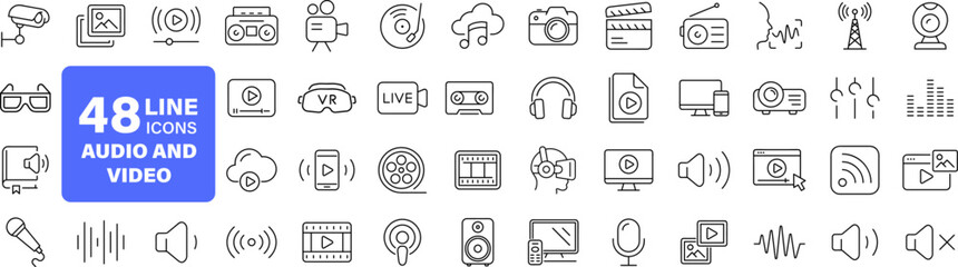 Audio Video set of web icons in line style. Music and Video icons for web and mobile app. Podcast, video media player, radio, song. Vector illustration