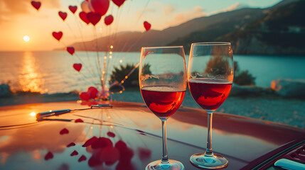 Cinematic photograph of two red wine glasses in a beach rooftop. Heart shaped balloons and confeti. Valentines. Love