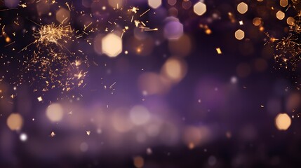 Fototapeta na wymiar Gold and dark violet Fireworks and bokeh in New Year eve and copy space. Abstract background holiday. 