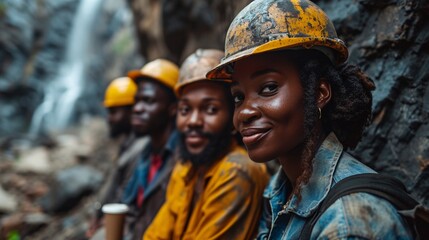 A diverse group of engineers happily posing for a portrait on a construction site, enjoying coffee and tea while working together on a building project with a mockup.