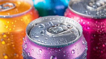 A group of colorful aluminum cans of beverage, top view.