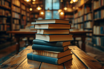 Stack of books in a cozy library