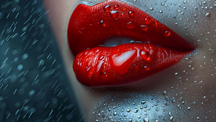 A seductive red lip glistens with droplets of water, enticing viewers with the promise of bold cosmetics and a close-up look at feminine beauty