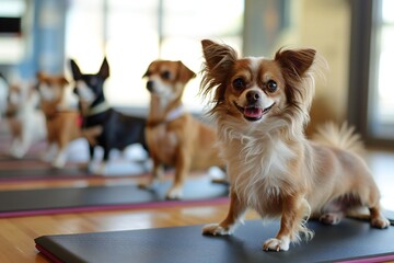 pilates for dogs. dogs stretching on yoga mat - obrazy, fototapety, plakaty