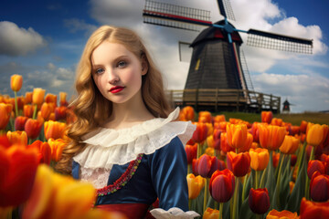 
Dutch girl wearing traditional dress, standing near a windmill in a picturesque tulip field