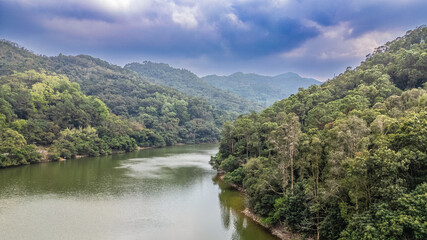 Fototapeta na wymiar Lau Shui Heung Reservoir pond shoreline Jan 20 2024