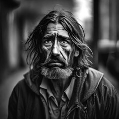 A homeless man with long unwashed hair and dirty clothes and a dirty face. There is sadness in his eyes and he is depressed and suffering from addiction and mental health issues.. 