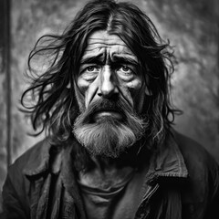 A homeless man with long unwashed hair and dirty clothes and a dirty face. There is sadness in his eyes and he is depressed and suffering from addiction and mental health issues.. 