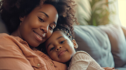 Black african american mother and daughter cuddling at home on the couch, candid lifestyle family bonding concept, ai generated