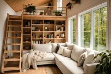 Obraz premium Cozy tiny house living room, with a focus on efficient use of space and minimalist decor