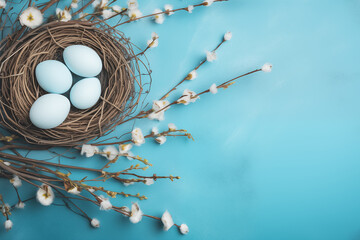 Flat lay Easter composition with a willow branch and eggs on a blue background