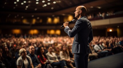 Man Speaking to Audience With Microphone in Hand