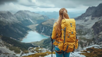 Female using ice tool ascending a peak. Top-notch image.