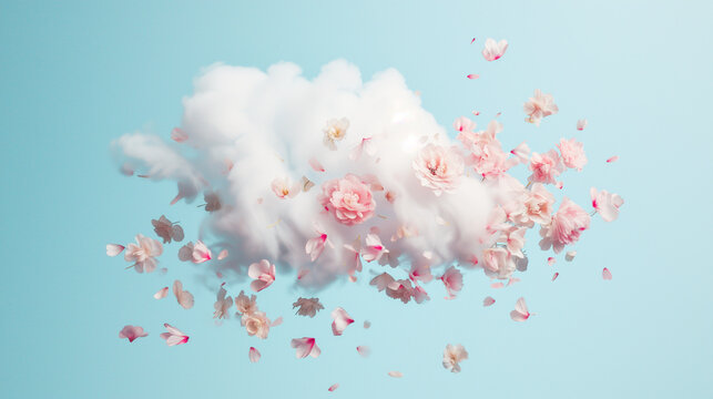 Pastel pink flowers falling like rain from a cloud.  Spring concept. Minimal pastel combination.