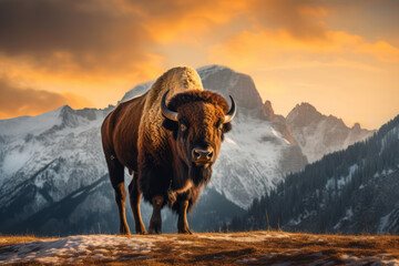 Large bison standing alone against a backdrop of mountains at sunset