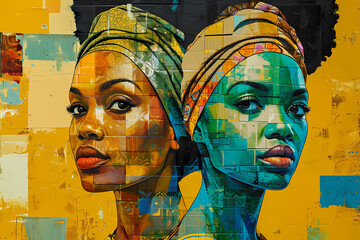 An expressive mural captures the beauty of a woman's face adorned with a vibrant headscarf in a fusion of street art and traditional painting techniques