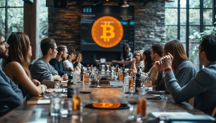 Crypto Community Connection, Showcase the sense of community and connection within the cryptocurrency space, featuring diverse individuals engaged in discussions, meet-ups, AI