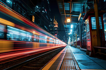 Fototapeta na wymiar train at night in a city driving in motion with light trails at a railway station.