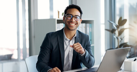 Happy, office laptop and business man, bank consultant or admin worker with career smile, job experience or pride. Corporate portrait, administration and professional person working on online account