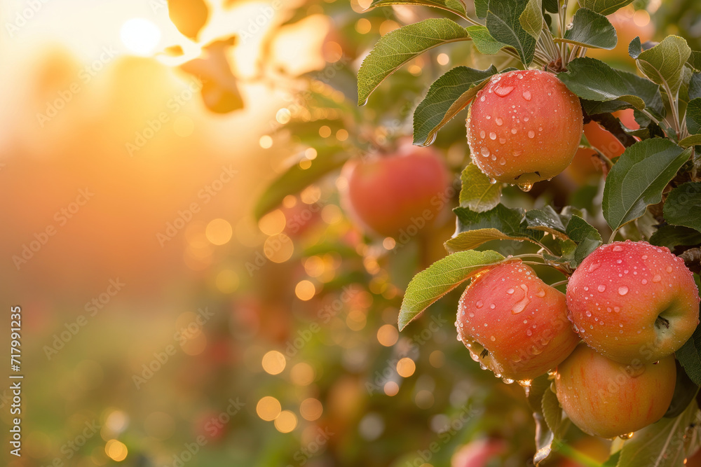 Poster juicy apples in a garden. background image. created with generative ai technology