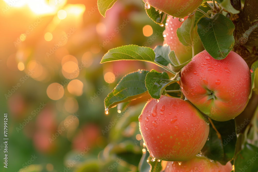 Poster juicy apples in a garden. background image. created with generative ai technology