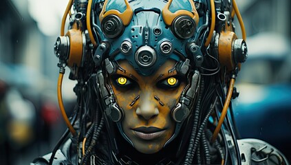 Woman in a futuristic robotic transhuman gears. 