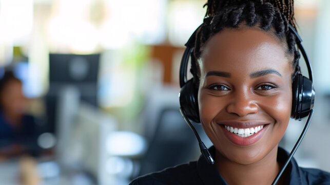 Joyful African female call center representative using a VOIP headset for consulting and communicating with customers, with a cheerful smile and headphones at her desk.