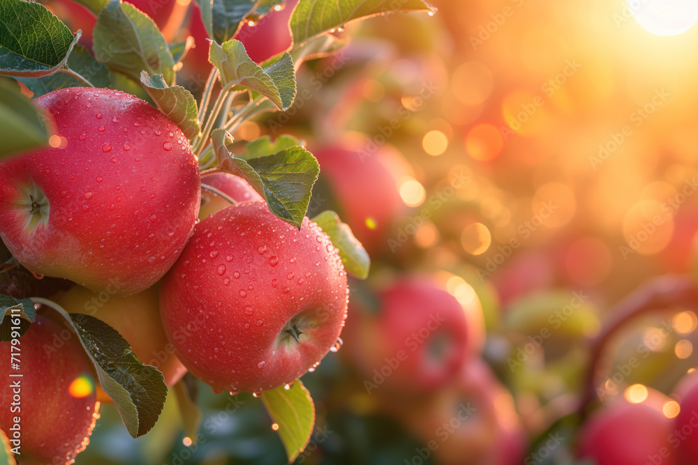 Poster juicy apples in a garden. background image. created with generative ai technology