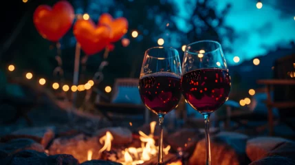 Foto auf Acrylglas Camping Cinematic photograph of two red wine glasses by a firepit in a camp site. Moonlight. Stars.Heart shaped balloons and confeti. Valentines. Love