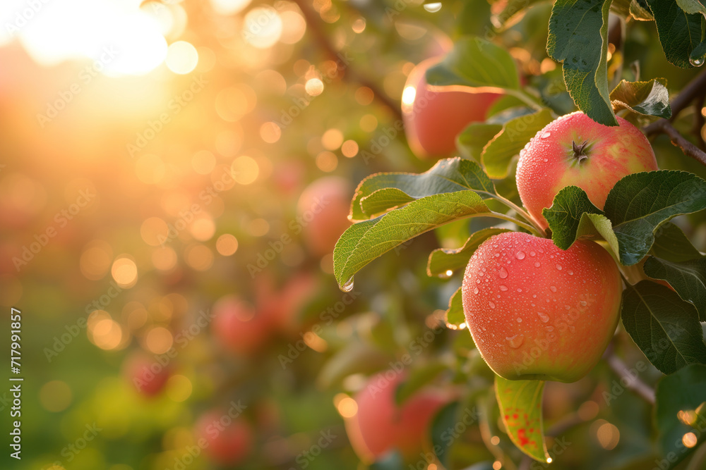 Poster juicy apples in a garden. background image. created with generative ai technology