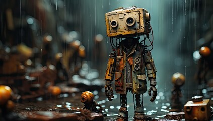 Robot with gears walking in the rain.