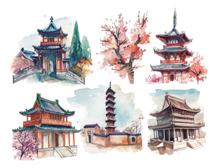 Chinese ancient architectural elements watercolor hand-painted style