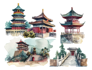Chinese ancient architectural elements watercolor hand-painted style