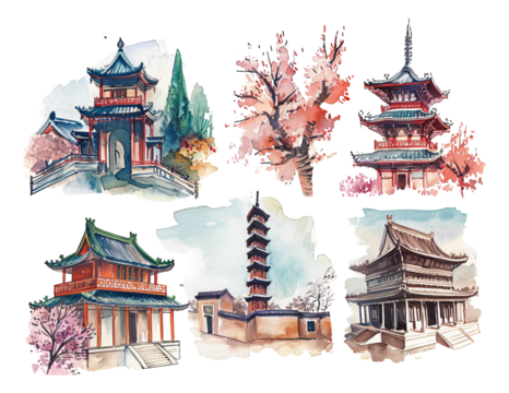 Chinese ancient architectural elements watercolor hand-painted style