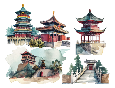Chinese ancient architectural elements watercolor hand-painted style
