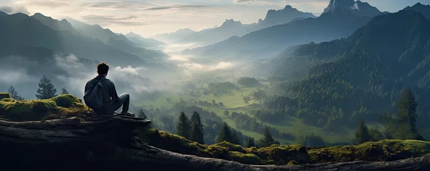 Zelfklevend Fotobehang person sitting on top of a mountain gazing into a fog filled valley © Photo And Art Panda