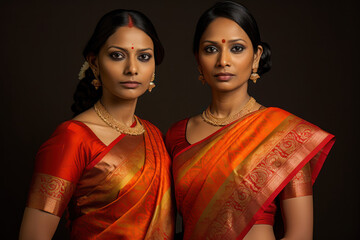 Female twins, 36 years old, Indian, in traditional sarees with intricate patterns