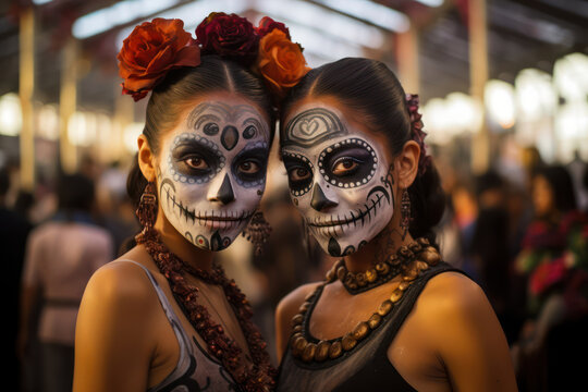 Women twins, 27 years old, Mexican, in traditional dresses at a Day of the Dead celebration