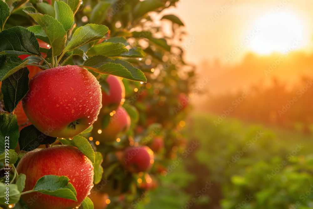 Poster juicy apples in a garden. background image. created with generative ai technology