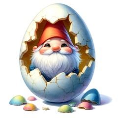 An illustration of an Easter egg cracked open ,with a cute gnome with its hat covering its face surprise inside