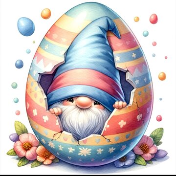 An illustration of an Easter egg cracked open ,with a cute gnome with its hat covering its face surprise inside