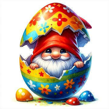 An illustration of an Easter egg cracked open ,with a cute gnome with its hat covering its face surprise inside